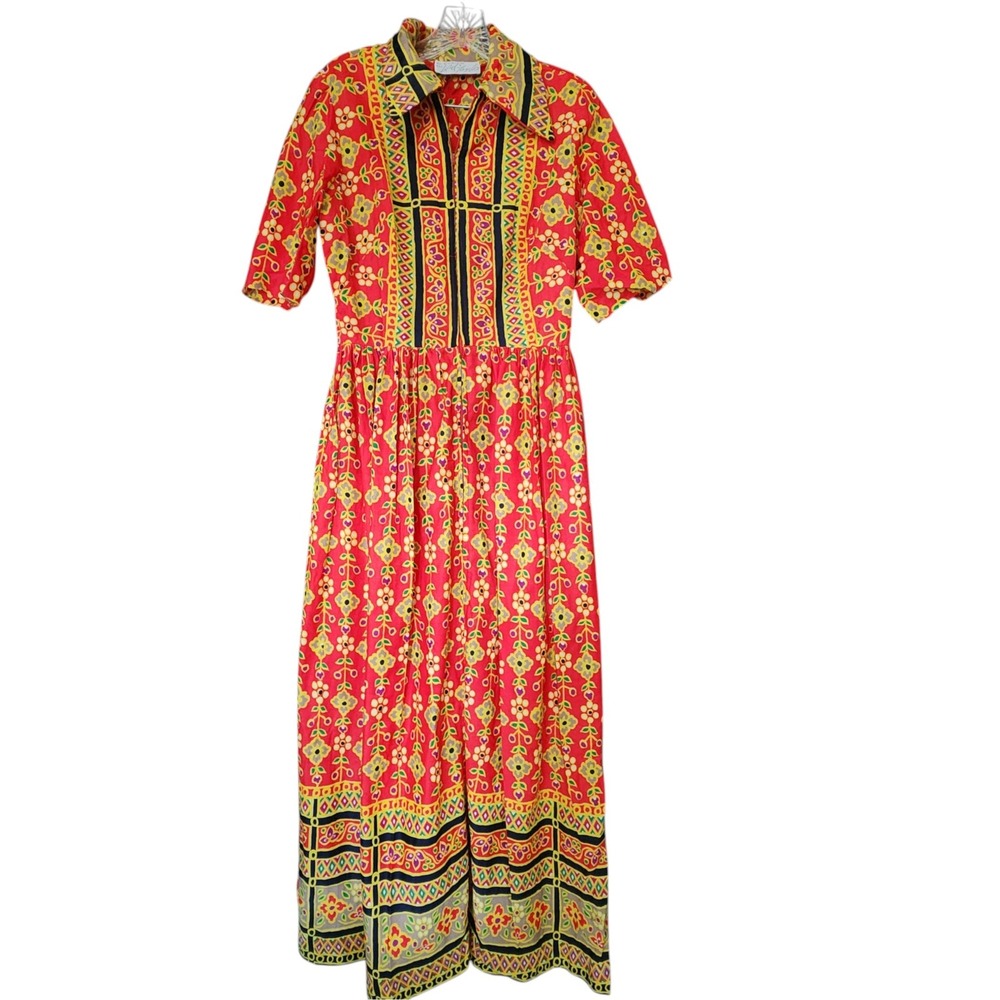 VTG 60s Lord & Taylor Dorian Red Psychedelic Floral Border Print Maxi Dress